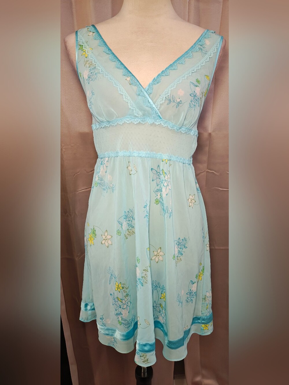 2007 Victoria's Secret Sheer Aqua Blue Floral Mesh Babydoll Lingerie Slip Dress.